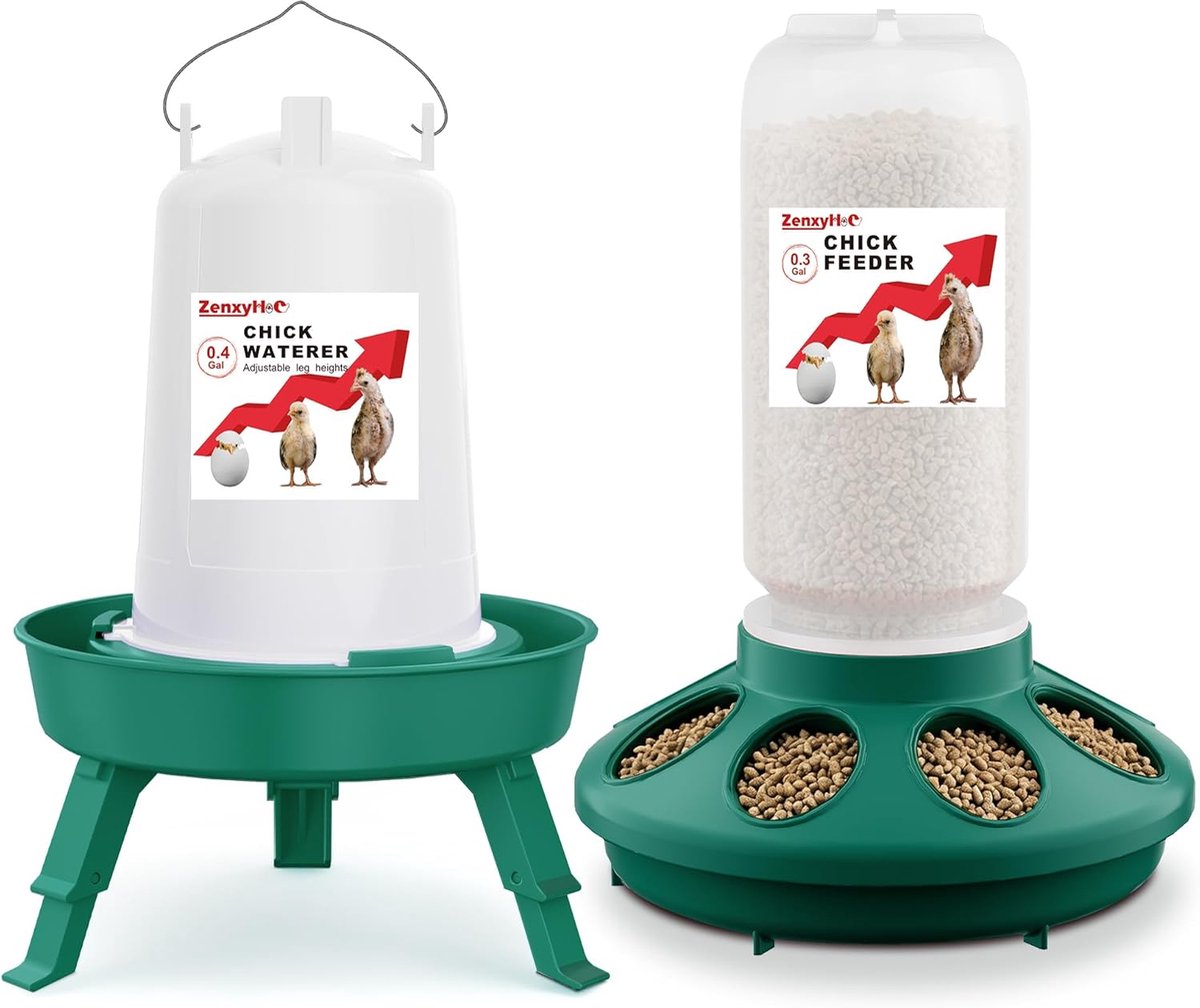 SnelShoppen - Chicks feeder 1L & Vending Machine 1.5L Groen | Verstelbare Hoogte, Hanghaken, Anti-Drowning Ontwerp, BPA-vrij Plastic voor Kuikens