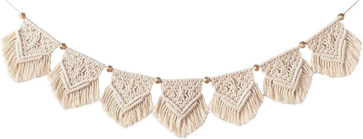 SnelShoppen - Boho Macrame Wanddecoratie Tapestry 19x100cm - Beige Katoen en Hout - Triangulaire Wandversiering voor Kinderkamer, Feest en Thuis