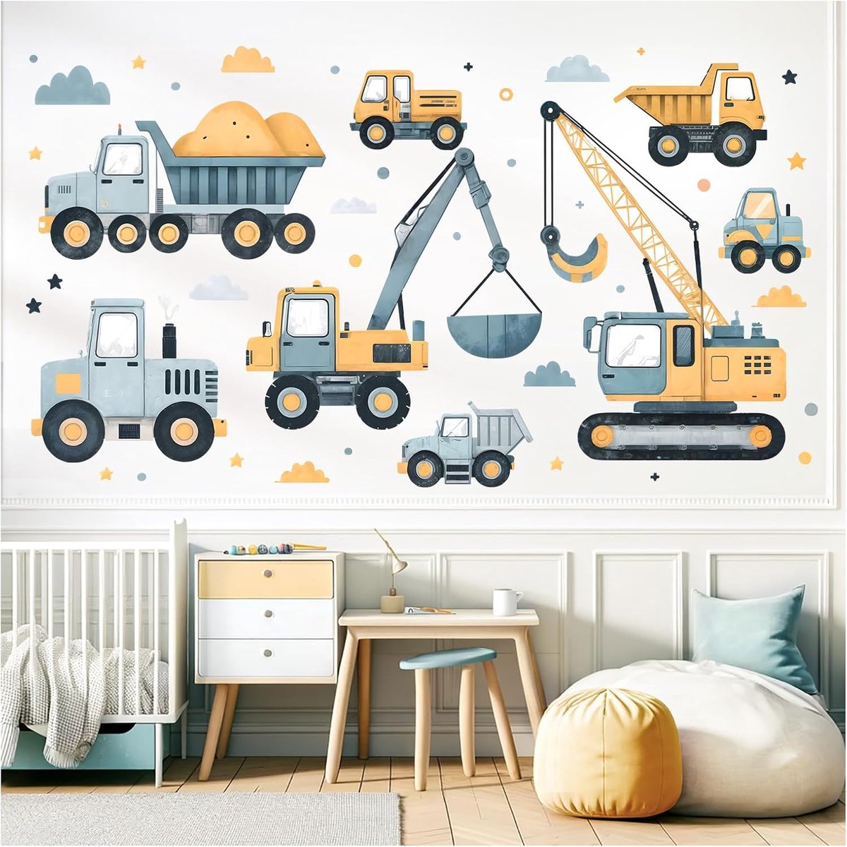 SnelShoppen - Wandsticker Graafmachine Set voor Kinderen - Zelfklevende Muurdecoratie - Bouwplaats Wanddecoratie - 101x56 cm - Perfect voor Jongens Ba