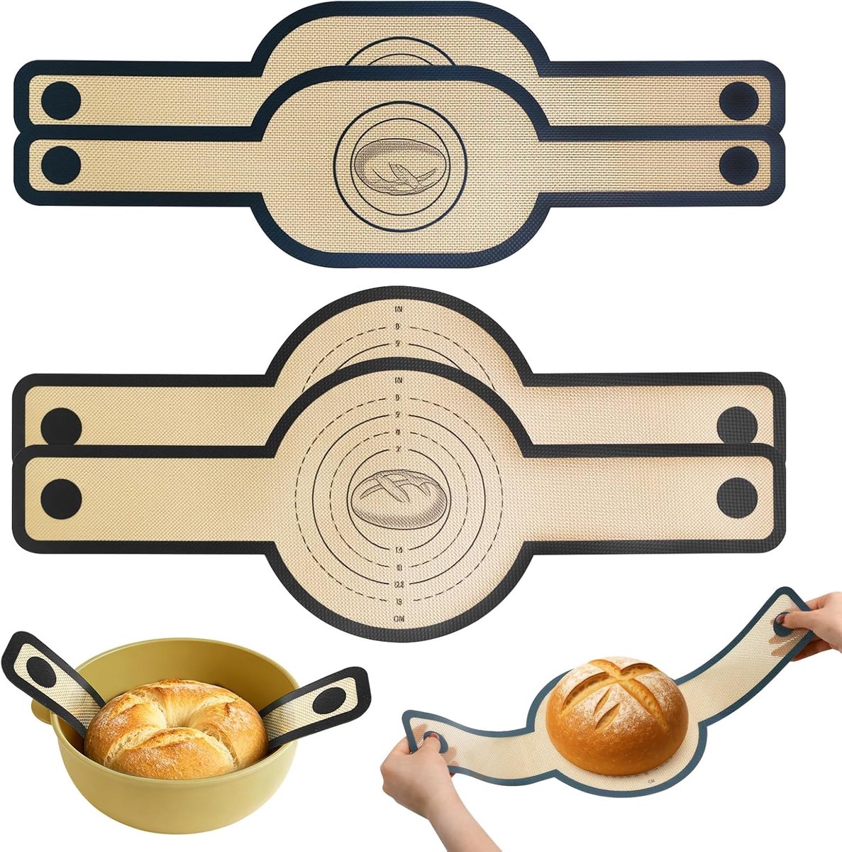 SnelShoppen - Siliconen Bakmat voor Brood Dutch Oven - 4 Stuks Herbruikbare Broodlussen met Lange Hittebestendige Handgrepen - Anti-Aanbaklaag, Vaatwa