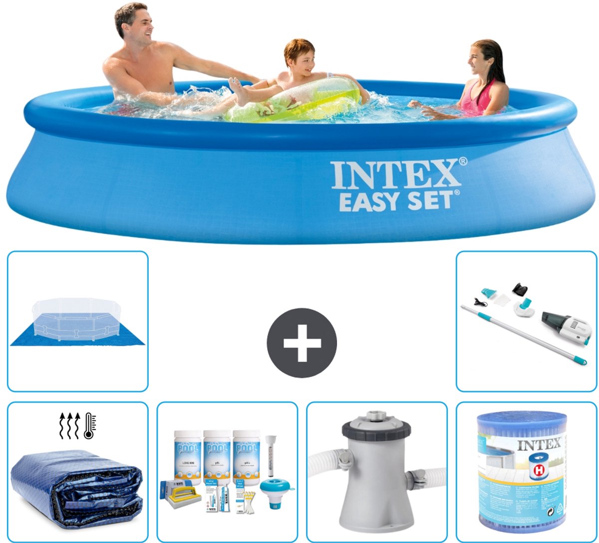Intex Rond Opblaasbaar Easy Set Zwembad - 305 x 61 cm - Blauw - Inclusief Solarzeil - Onderhoudspakket - Zwembadfilterpomp - Filter - Grondzeil - Stofzuiger - 7-delig