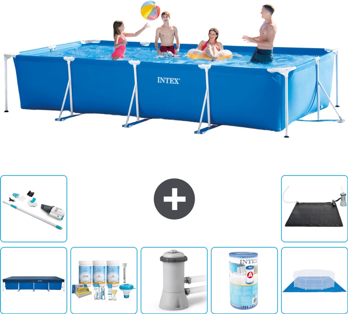Intex Rechthoekig Frame Zwembad - 450 x 220 x 84 cm - Blauw - Inclusief Afdekzeil - Onderhoudspakket - Zwembadfilterpomp - Filter - Grondzeil - Stofzuiger - Solar Mat - 8-delig