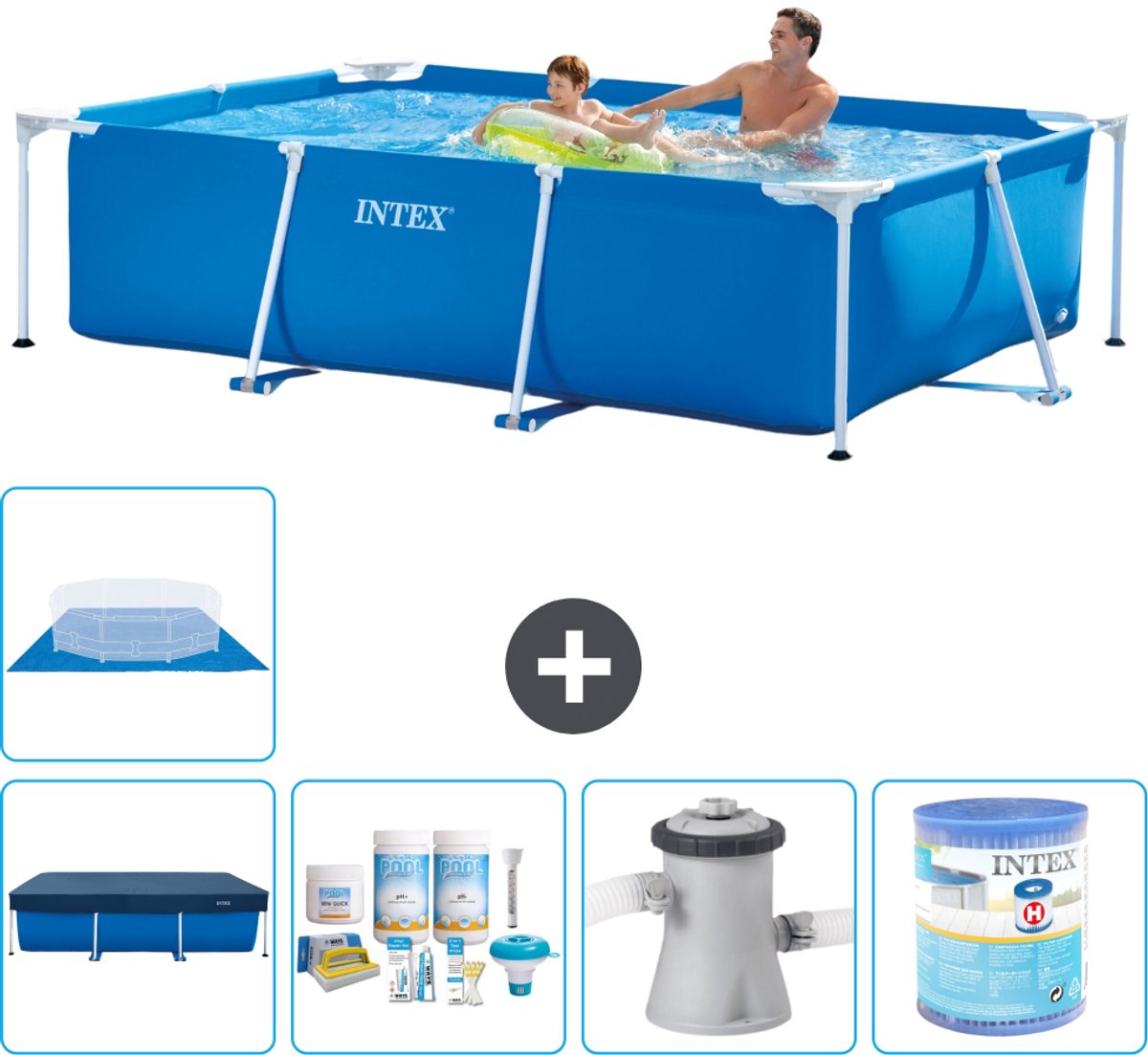 Intex Rechthoekig Frame Zwembad - 260 x 160 x 65 cm - Blauw - Inclusief Afdekzeil - Onderhoudspakket - Zwembadfilterpomp - Filter - Grondzeil - 6-delig