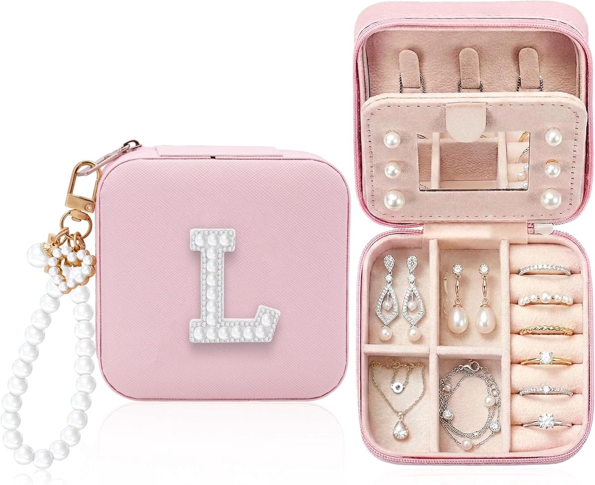 SnelShoppen - Gepersonaliseerd Sieradendoosje met Parelinitiaal, Luxe PU-Lederen Reissieradenorganizer met Spiegel, Creatief Cadeau voor Vrouwen, Maat