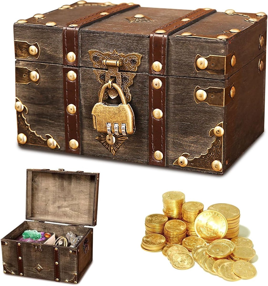 Vintage Houten Schatkist met Slot voor Kinderen - Opbergdoos voor Verjaardagscadeaus en Decoratie