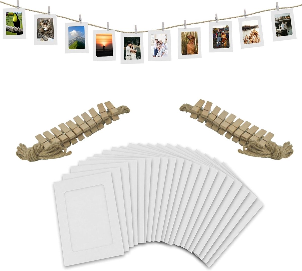 20 witte kartonnen fotolijsten met hangkoord en houten palen voor foto banners, fotowanden