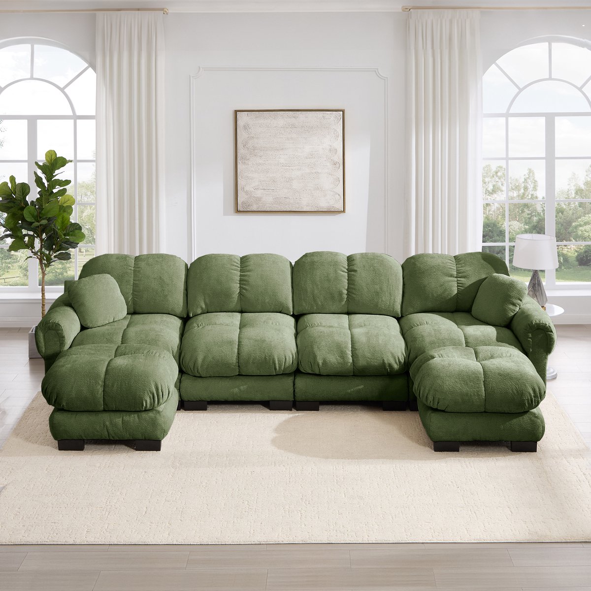 Intebiki bank - L-vormige hoekbank - 4 zits bank - fauteuil - bankstel - inclusief een verplaatsbare poef - chenille stof - 330x149x92 cm - groen
