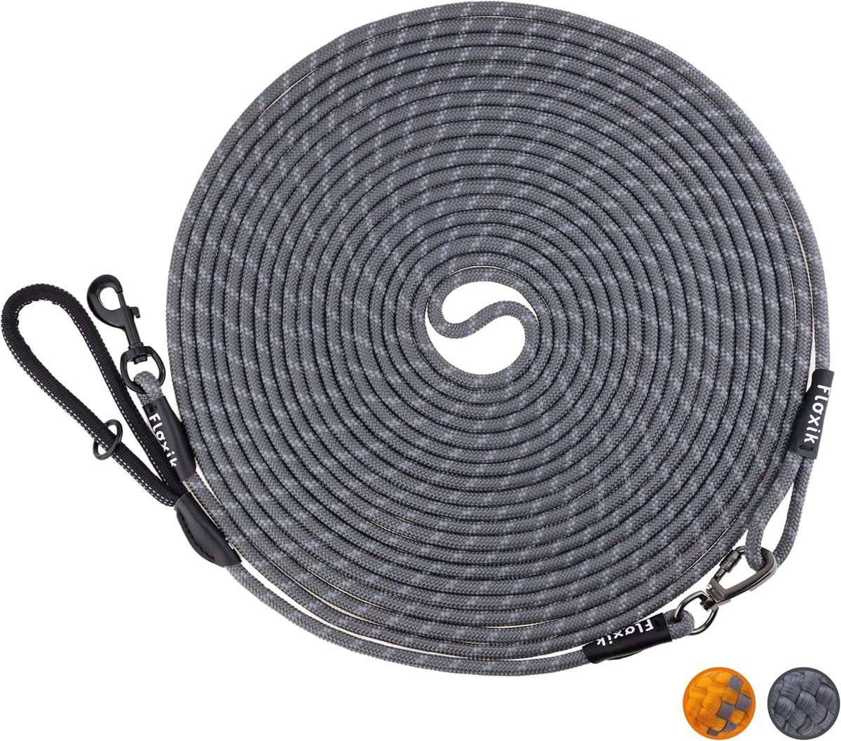 SnelShoppen - Trekking hondenlijn 5m, 10m, 15m, 20m - Grijze reflecterende hondenriem van klimtouw met afneembare polsband - Ideaal als traininglijn v
