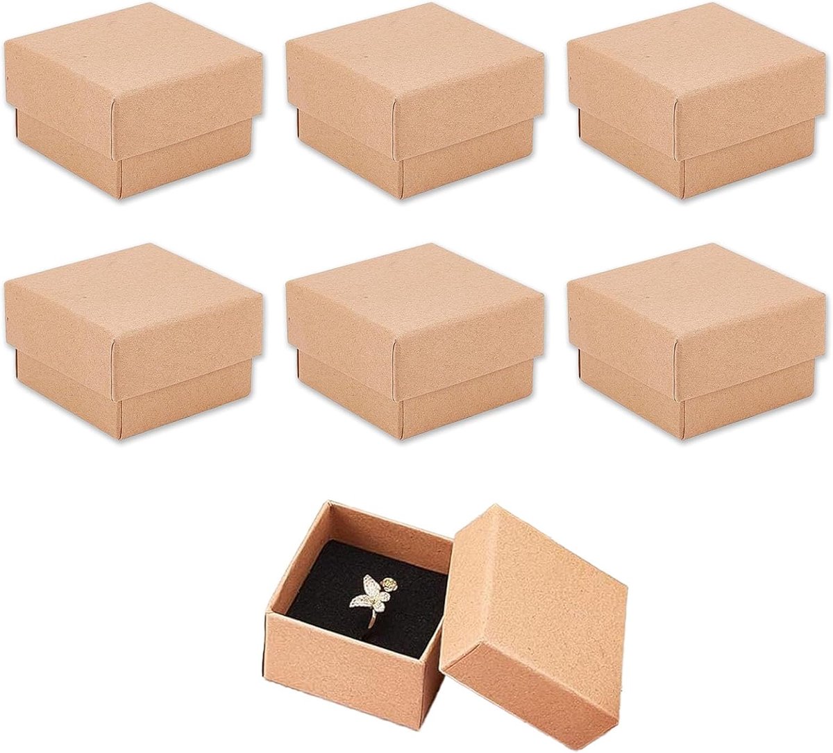 SnelShoppen - Kleine Sieraden Doos 6 Stuks - Kraft Papier Geschenken Doos met Deksel voor Ringen, Oorbellen en Kettingen - 5 x 5 x 3 cm - Bruin, Perfe