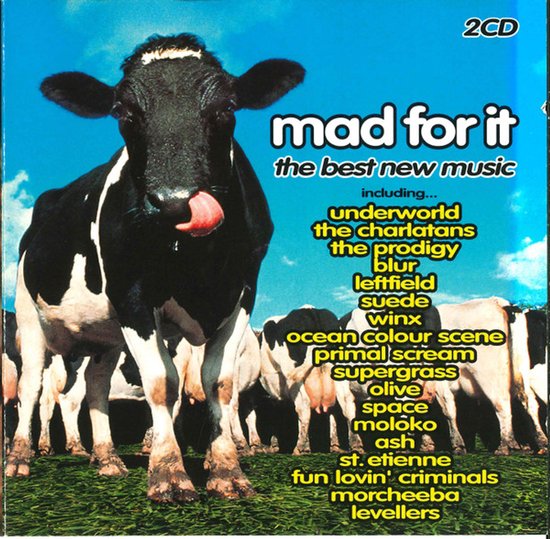 CD-hoes 'Mad for It, the best new music', met een zwart-wit koe op de voorgrond, met tekst in geel en wit.