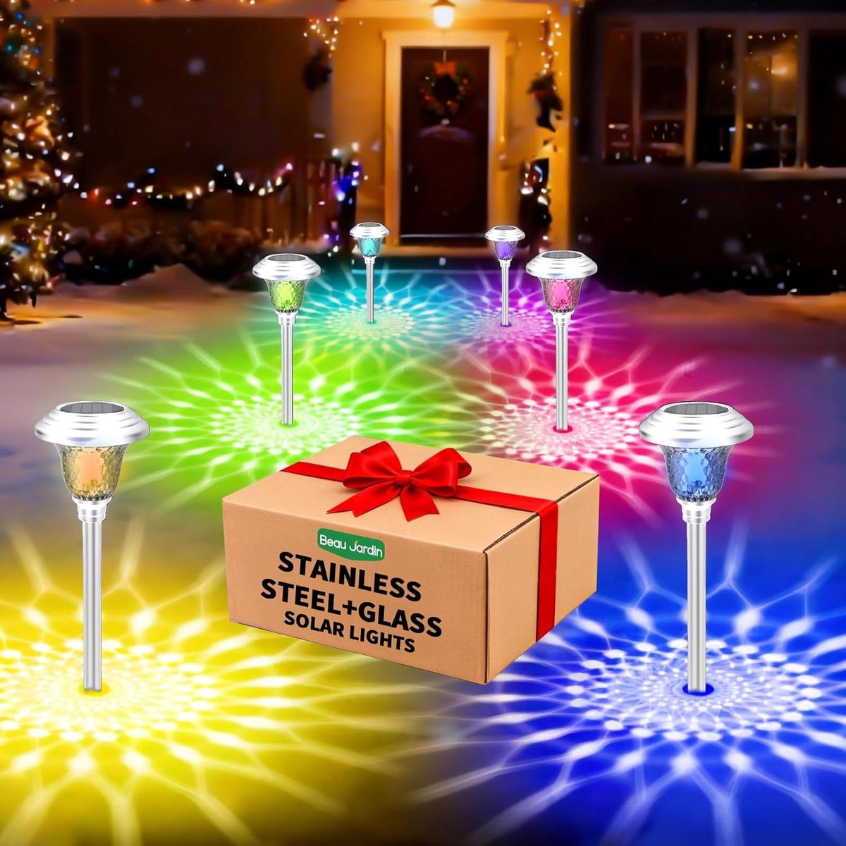 SnelShoppen - Set van 4 Solar Tuinverlichting Energieklasse A + Buitenverlichting met 3 Kleurmodi Waterdicht en Winterbestendig RVS Decoratieve Lichte