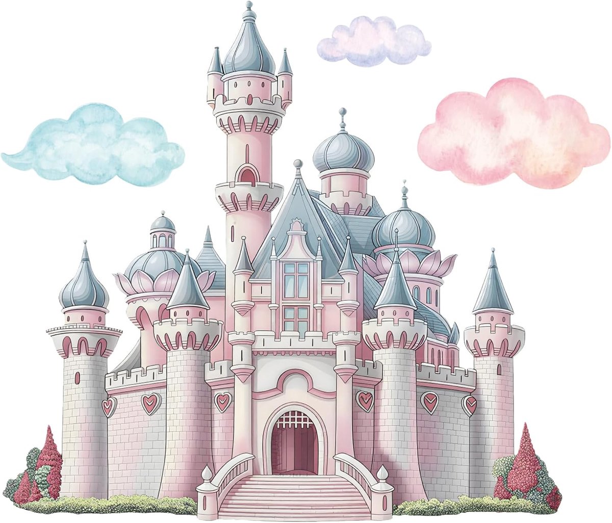 SnelShoppen - Grote Removable Vinyl Wandstickers voor Meisjes - Watercolor Prinses Lock Cloud Muurdecoratie - 9-delige Set - Roze Fairy Kids Room Wand
