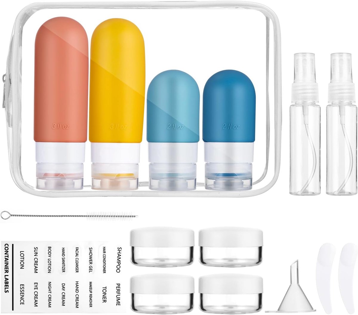 SnelShoppen - Pack van 16 Silicone Reisflessen met Labels, BPA-vrij, Perfect voor Reizen, Camping, Shampoo, Lotion, Zeep, Squeeze Silicone Hoses