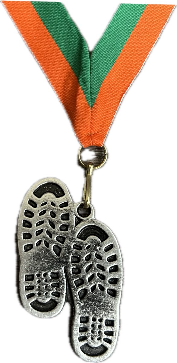 Wandelmedaille voetstappen zilver - Nijmeegse Vierdaagse - lint groen oranje