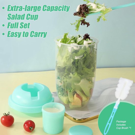 Yoghurt Beker voor Onderweg - 4 Pack Salad Cup met Dressing Container en Bestek - 1000ml Overnight Oats Beker - Herbruikbare Cruesli Beker to Go en Salade Lunchbox voor Kantoor en School-roze, mintgroen, wit, blauw — afbeelding 4