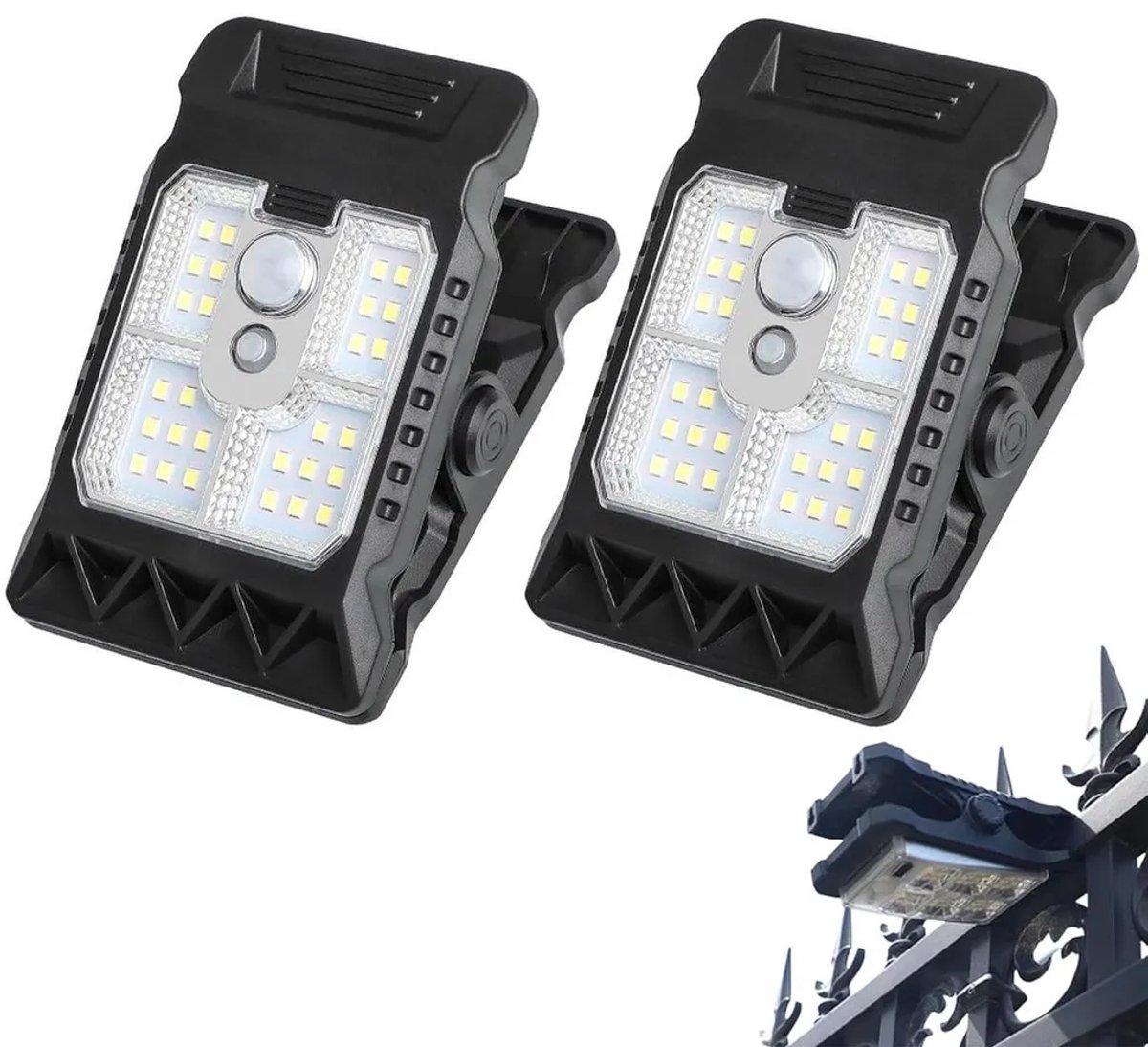 Twee sets solarverlichting met bewegingssensoren, LED-buitenlampen, 3 standen, draadloos, IP65 waterdicht, met klemmen, Geschikt voor hekken, tuinen en campings.