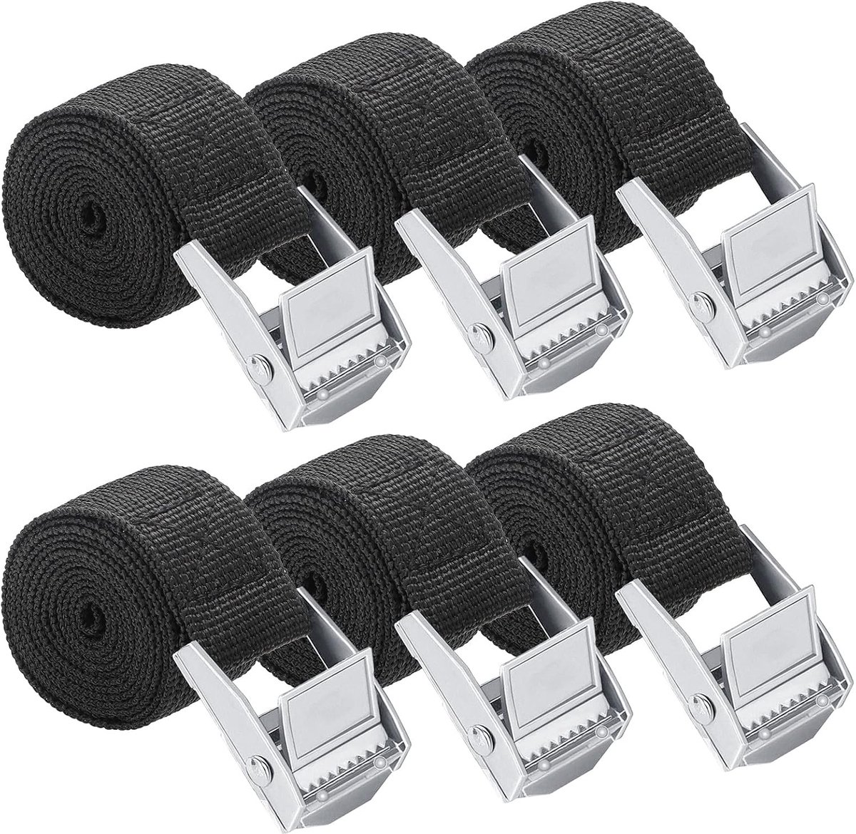 SnelShoppen - Pack van 6 Ratchet Straps 25mm x 1m Lashing Straps met Clamp Lock, Nylon Tension Strap voor Motor, Fiets, Auto, Zwart