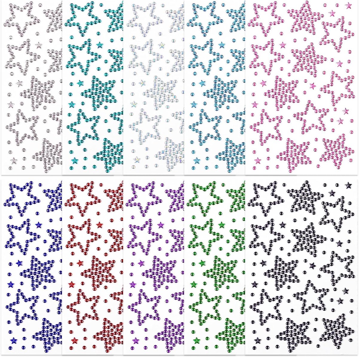 SnelShoppen - 10 vellen zelfklevende gezichtssteentjes, ster-strassstickers, plaksteentjes voor gezicht, haar, ogen, make-up, nagels en knutselwerkjes
