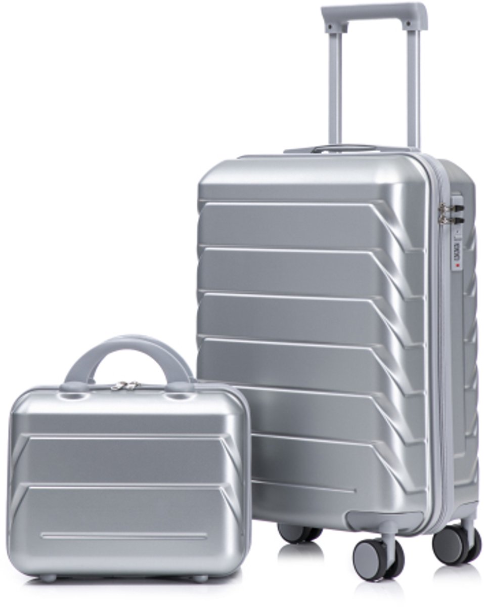 2-delig zilver ABS spinner kofferset 14/19 inch met cijferslot en 14 inch make-uptas compact lichtgewicht reisbagage voor korte weekendreizen
