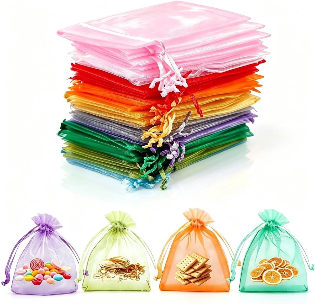 SnelShoppen - Organzazakjes 7x9 cm - 50 Stuks Kleurrijke Cadeauzakjes met Trekkoord - Transparante Fijnmazige Stof - Perfect voor Feesten, Bruiloften,