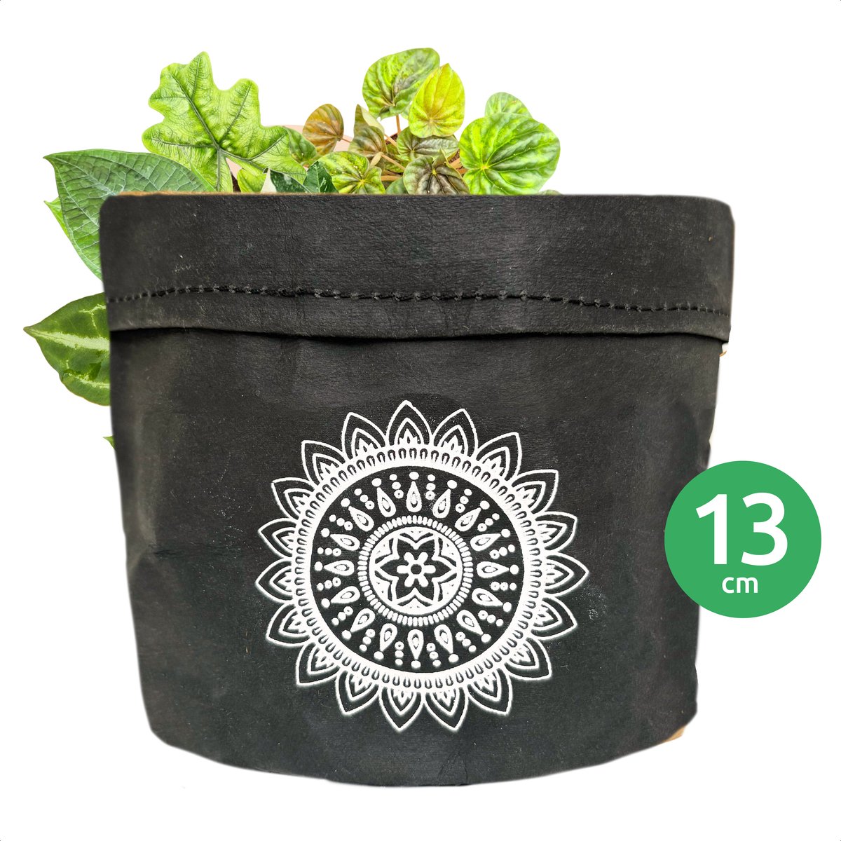 SIZO Bloempot - Plantenpot - Kamerplanten - Binnen - Zwart - Mandala - Ø13 x H13 cm - Waterdichte Binnenvoering - 100% Biologisch Afbreekbaar