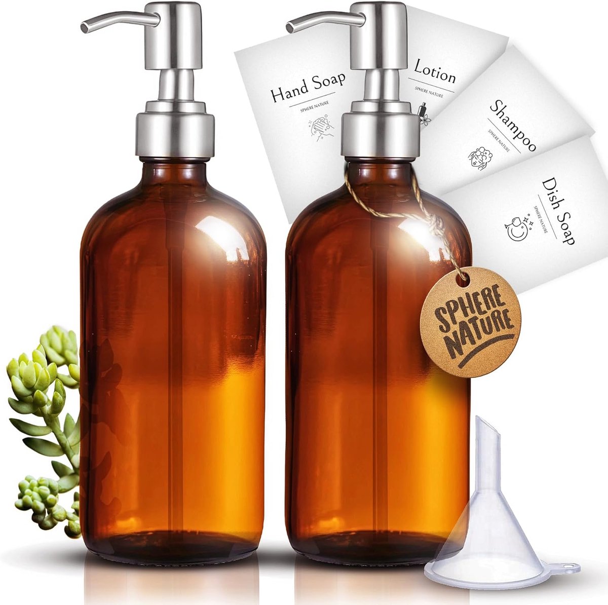 SnelShoppen - Amber Vintage Glazen Zeepdispenser Set van 2 - 500ml - RVS Pomp - Inclusief Houten Tray, Silicone Trechter en 4 Labels - Voor Zeep, Sham