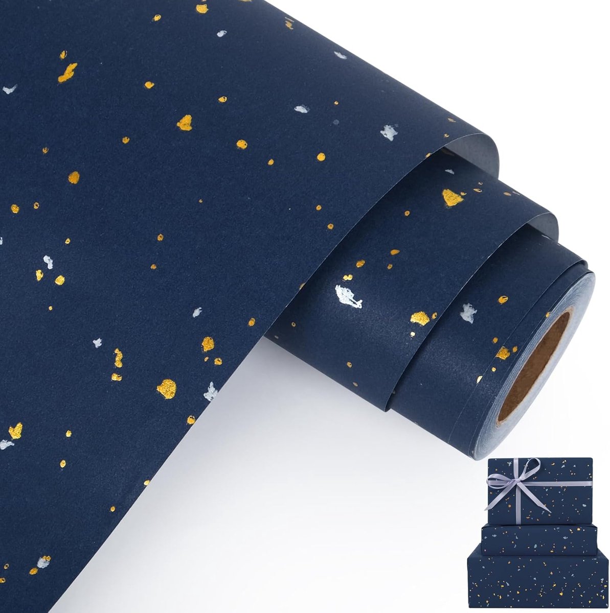 1 rol blauw inpakpapier - cadeaupapier - geschenkverpakkingpapier - blauw met goudfolie - geschikt voor Kerstmis, bruiloften, verjaardagen, feestdagen en andere gelegenheden - zelf inpakpapier om zelf te maken - blauw - 43 cm * 10 m