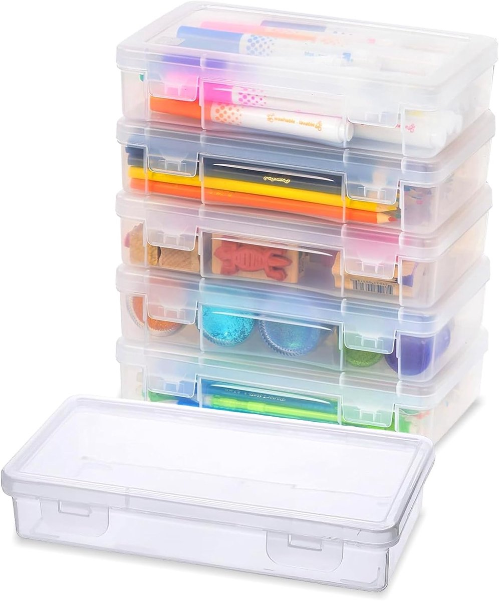 Thijox - Stapelbare opbergpennen, 6 stuks, transparante knutselorganizer met deksel, snapsluiting, multifunctionele opbergdoos voor school, kantoor, g