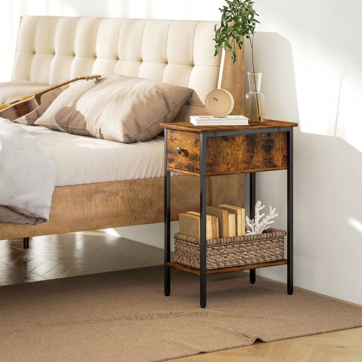 DESMIU Bijzettafel - Smal Model Met Lade En Open Vak - Voor Woonkamer En Slaapkamer - Hout En Metaal - 25x39,8x58,2 Cm - Bruin