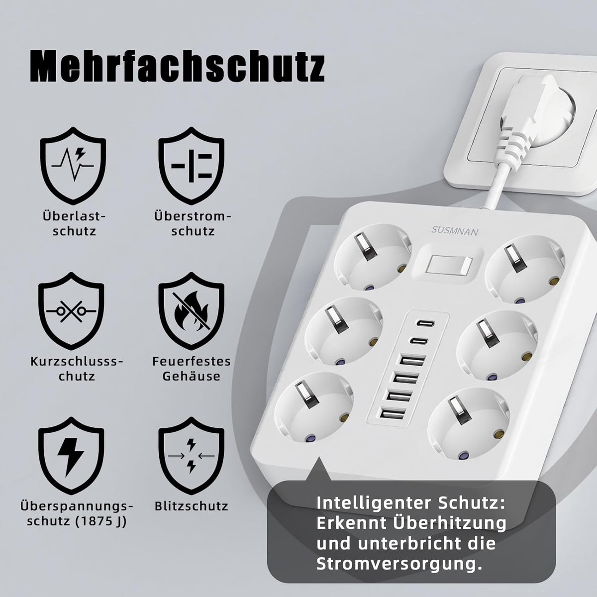 Thijox - Stekkerdoos met 6 USB-poorten (4 USB A + 2 USB C) en 6 Stopcontacten - Verlengstekker 2500 W/10 A voor Thuis, Kantoor, Keuken, Wit