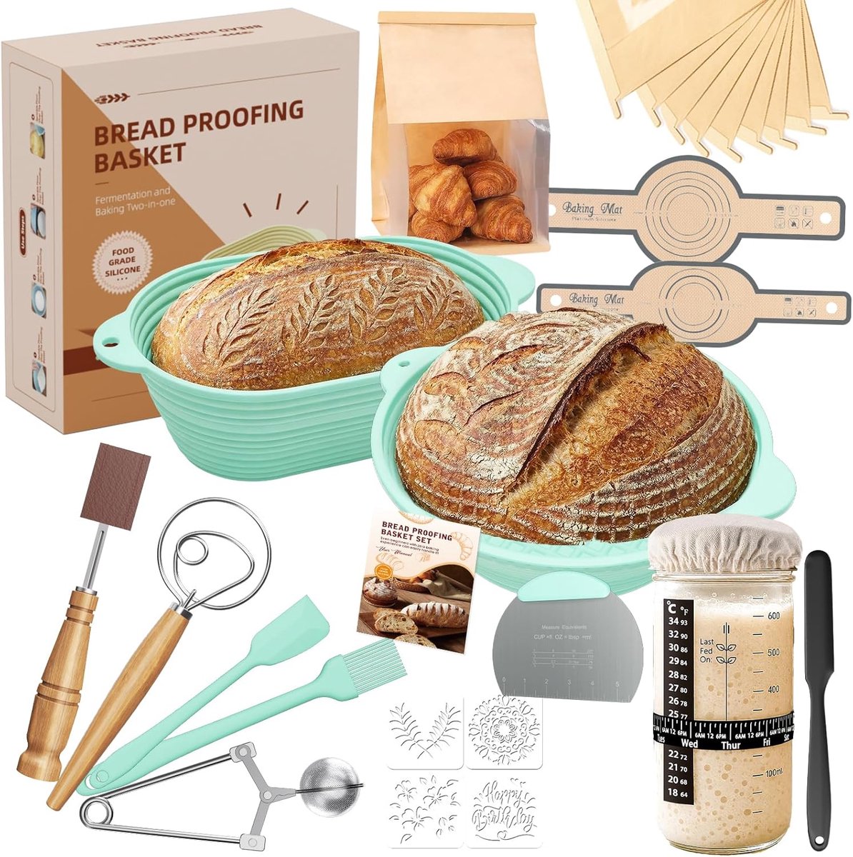 SnelShoppen - Sourdough Starter Set Silicone 30-delige Accessoires voor Ambachtelijk Brood Bakken, Incl. Spatels, Maten, Keuken Essentials, Perfect vo