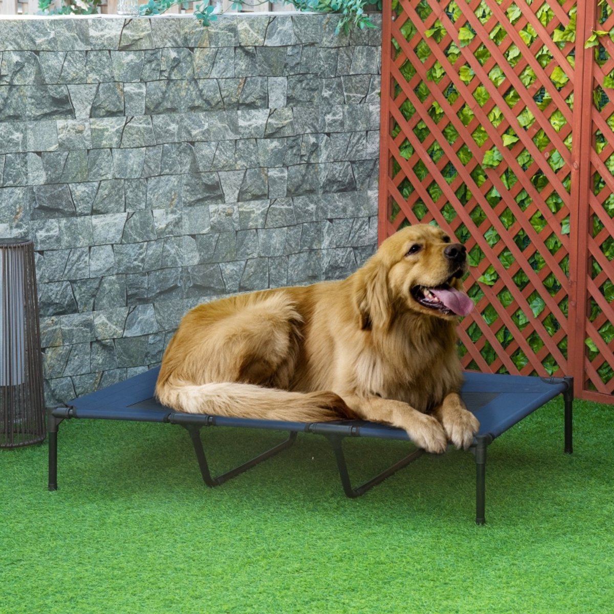 COVREO Verhoogd hondenbed 122 x 92 x 23 cm - opvouwbaar, donkerblauw met zwart metalen frame
