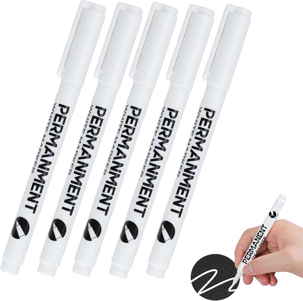 SnelShoppen - 5 Stuks Witte Permanent Markers, Waterproof en Sneldrogend, Viltstiften voor Hout, Steen, Plastic, Leer, Glas, Metaal, Canvas, Keramiek