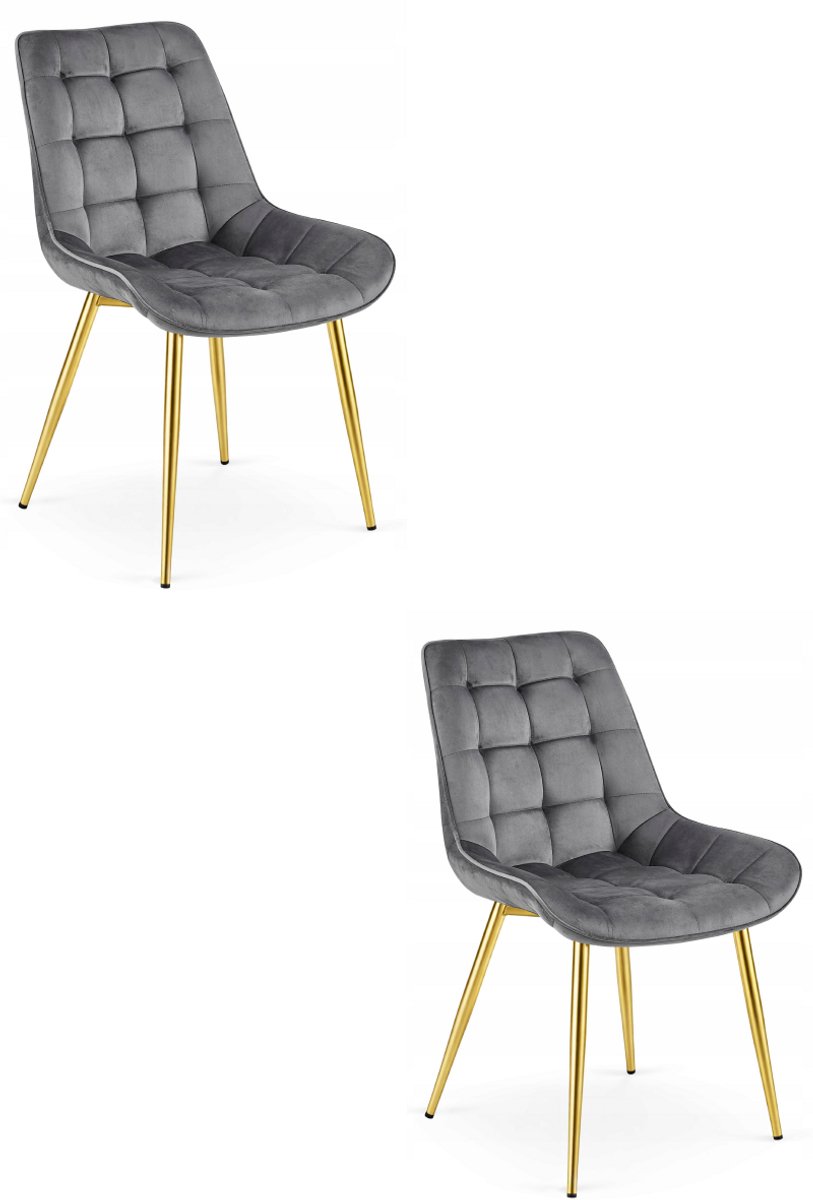 Oskar Set van 2 Eetkamerstoelen BERA – Donkergrijs Velvet / Fluweel – Gestoffeerde Zitting – Goudkleurige Metalen Poten – Modern Scandinavisch Design – Voor Eetkamer, Keuken en Woonkamer