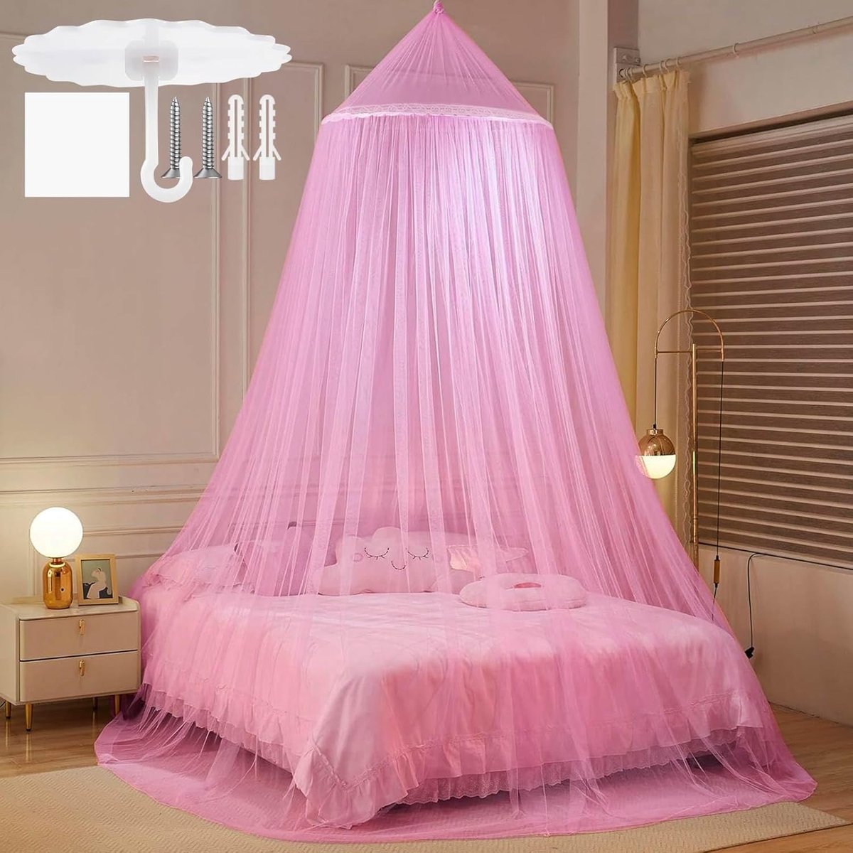 SnelShoppen - Mosquito Net 60x250x1100 cm - Polyester Bed Canopy - Roze Dome Insecten Net voor Camping, Tuin en Thuis - Inclusief Haakjes en Schroeven