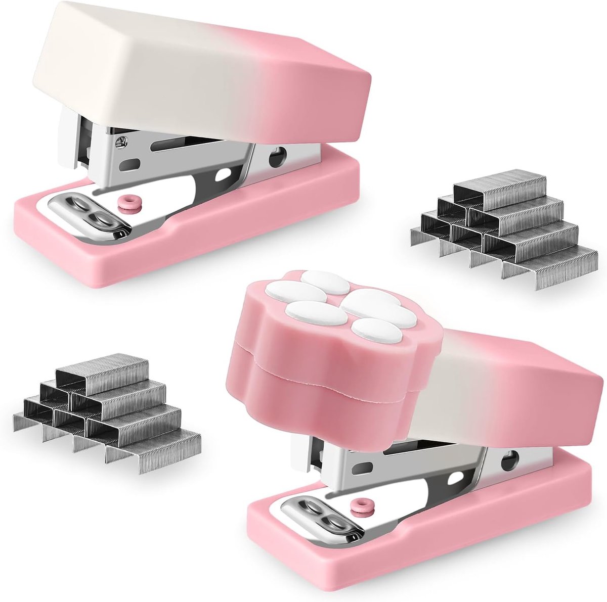 SnelShoppen - Mini Stapler Met 800 Staples - Draagbare Kantoor Stapler in Roze met Kleurverloop en Kattenpoot Design - Perfect voor School en Kantoor