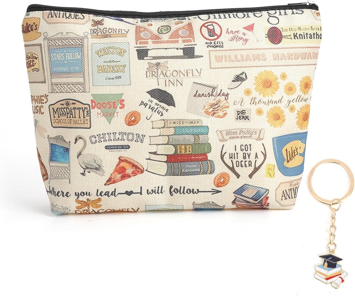 SnelShoppen - Makeup Tas voor Vrouwen met Sleutelhanger - Dubbelzijdige Print, Waterdicht Linnen, Perfect voor Reizen, Dagelijks Gebruik, Gilmore Fans