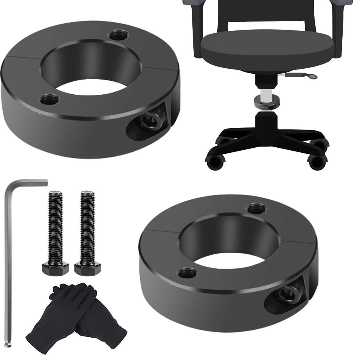 SnelShoppen - 6 Pcs Office Chair Tilt Removal Tool Set - 28mm Gaslift Cilinder Verwijdering Gereedschap met RVS Klem Schachten en Zwarte Handschoenen