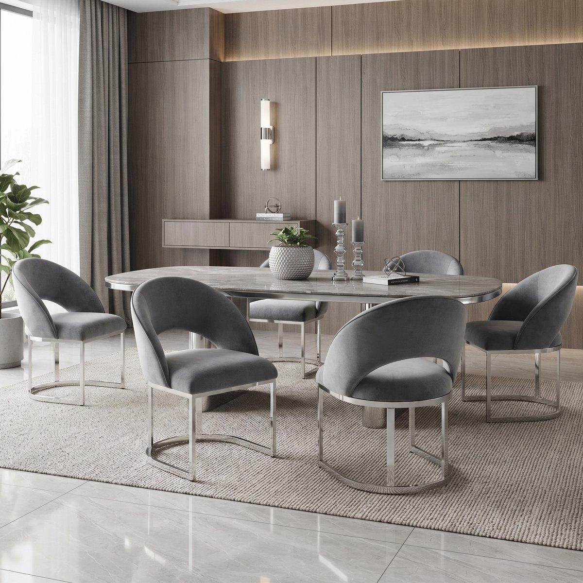 Pugsdrly 6 eetkamerstoelen, comfortabel en ademend, geschikt voor restaurants, woonkamers, cafés en andere locaties, moderne stijl, verzilverde stoelpoten, fluweel, grijs + zilver，Zonder tafel