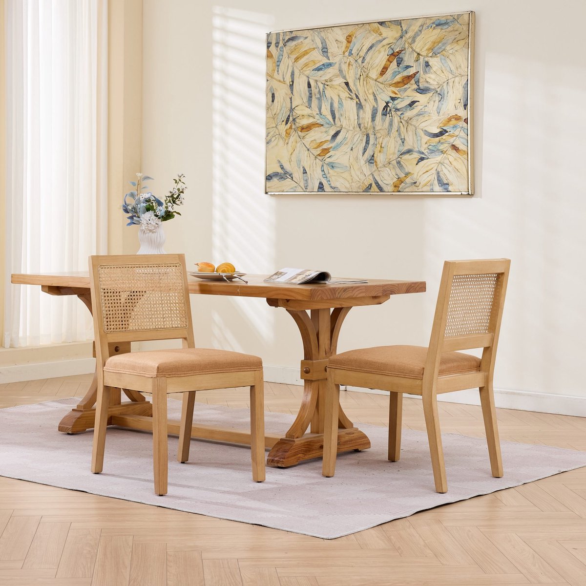 Pugsdrly Rotan eetkamerstoelen, set van 2, landelijke keukenstoelen met rieten rugleuning, mid-century moderne bijzetstoelen met frame van natuurlijk hardhout, zacht schuim- en S-veer kussen voor de keuken thuis, bruin, DE2883TN
