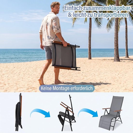 COSTWAY Ligstoel, inklapbaar, set van 2, ligstoel met verstelbare rugleuning, weerbestendige tuinligstoel, klapstoel tot 150 kg belastbaar, relaxstoel voor tuin, balkon, terras (grijs) van Costway — afbeelding 4