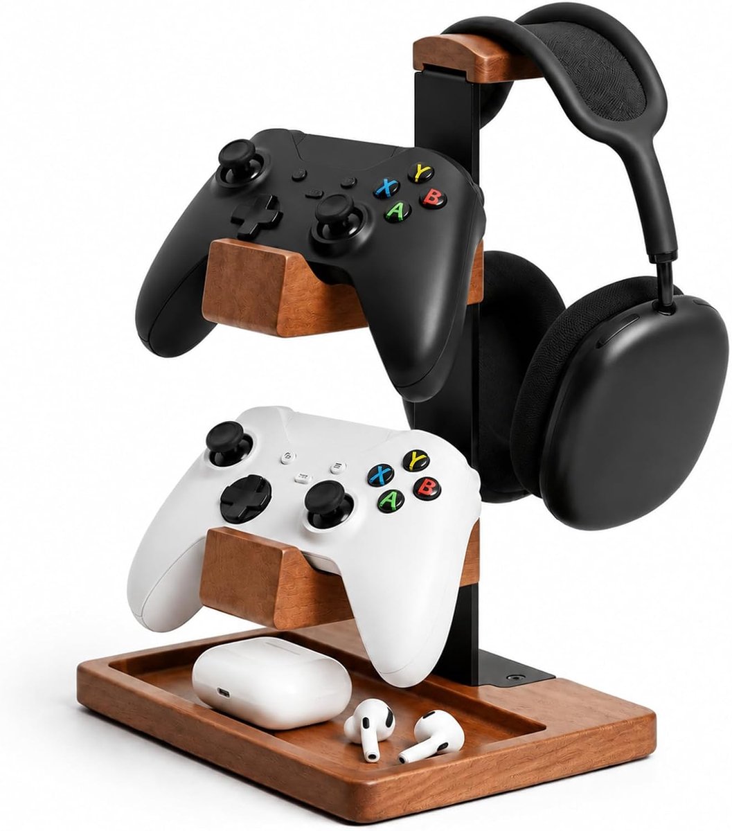 SnelShoppen - Houten hoofdtelefoonhouder met afstandsbediening, gaming headset standaard, bureau organizer met opbergbasis en controllerhaak, speelacc