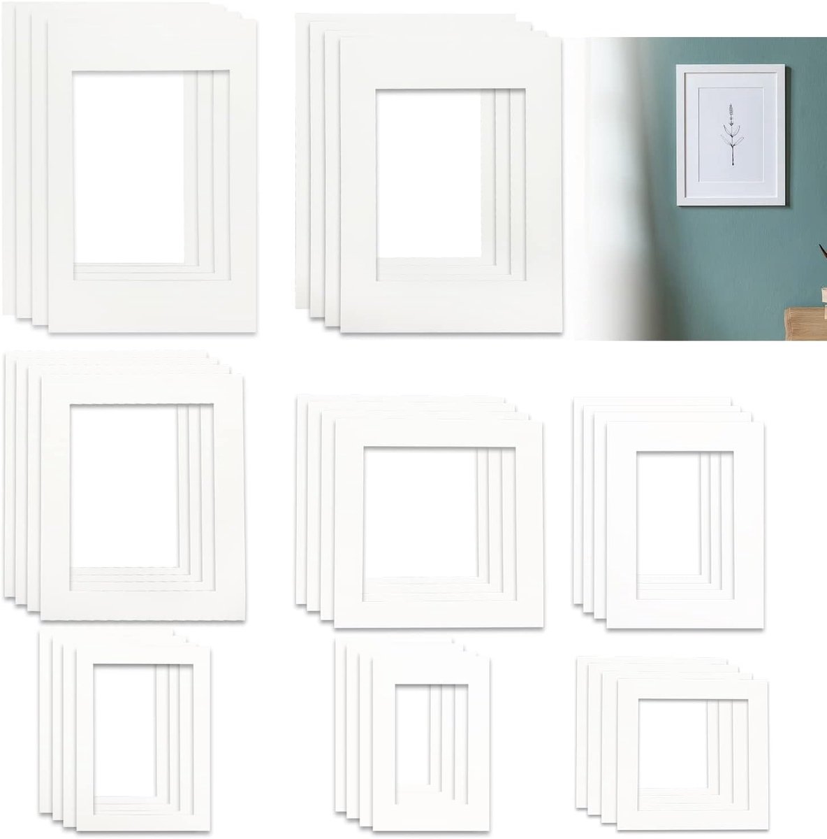 SnelShoppen - 32pcs Mount Cardboard Photo Frame Holders - 8 Maten, IJs Wit & Off White, Perfect voor Thuisstudio, Foto's van Niet-Standaard Maten