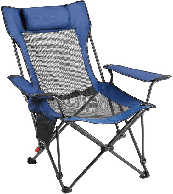 Opvouwbare campingstoel, relaxstoel met 4 verstelbare standen, comfortabele stoel met bekerhouder, strandstoel van ademend mesh met hoofdsteun en voetensteun, draagvermogen tot 100 kg, ideaal voor buitenactiviteiten, blauw — afbeelding 2