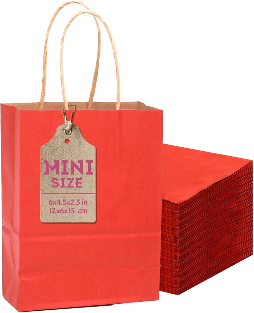 24 Stuks Rode Mini Cadeauzakjes van Kraftpapier met Handvatten voor Feestjes