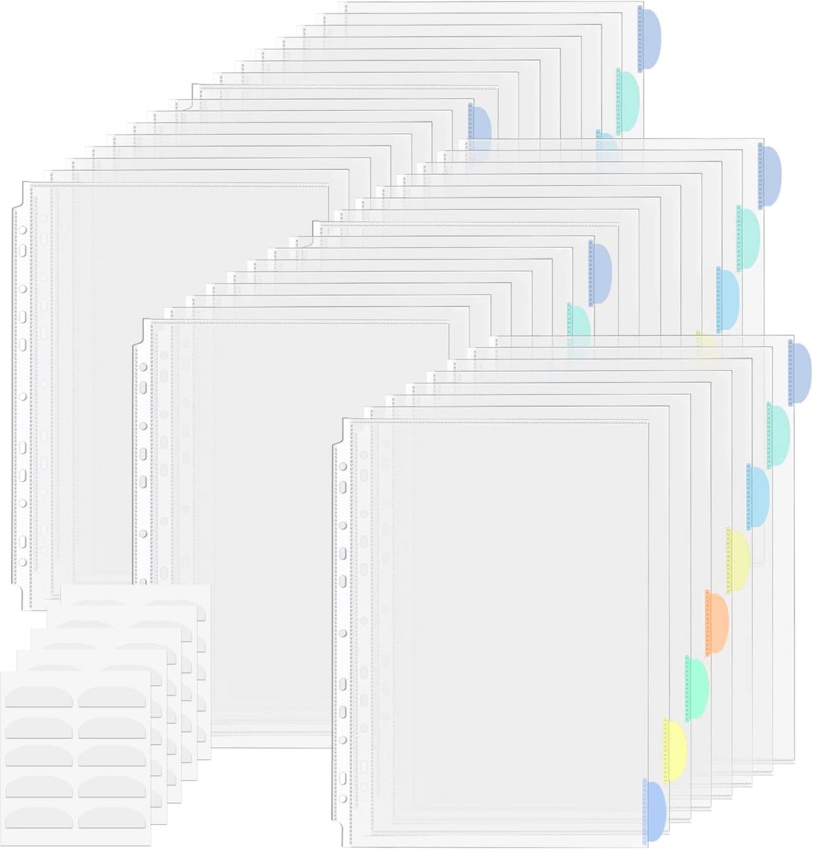 Transparante Folie A4 - Hoezen met Index - Documenten Sorteren - Kleurrijke Index Stickers - 40 Stuks - Transparant
