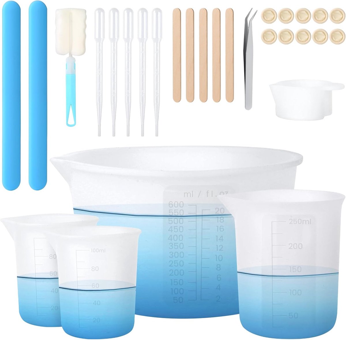 SnelShoppen - Silicone Maatbekers en Mengbekers Set 600ml 250ml 100ml - Epoxy Resin Keuken Accessoires met Roerstaafjes, Pipetten, Handschoenen en Bor