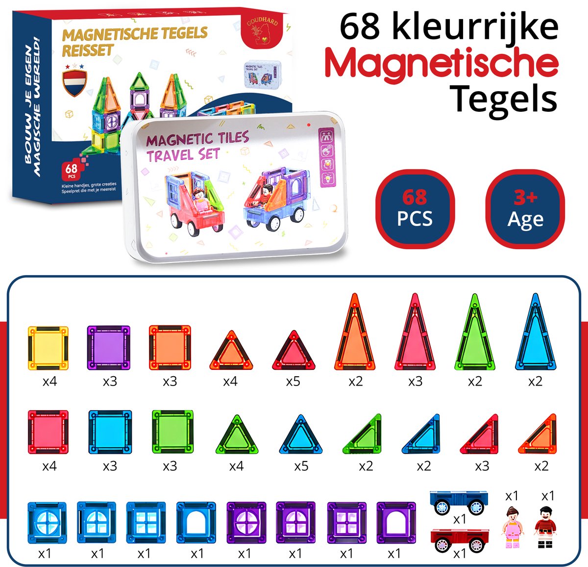 GOUDHARD® Magnetic Tiles - Magna Tiles Travel Set - Racebaan - 68 stuks - Magnetisch Speelgoed - Constructiespeelgoed - Educatief & Montessori - Magnetische Tegels - Bouwstenen - Mini - Inclusief Opbergdoos en 2 auto’s — cadeau in Spellen & Speelgoed - foto 5