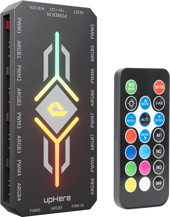 Zwarte UpHere controller hub met RGB-verlichting en bijpassende afstandsbediening.