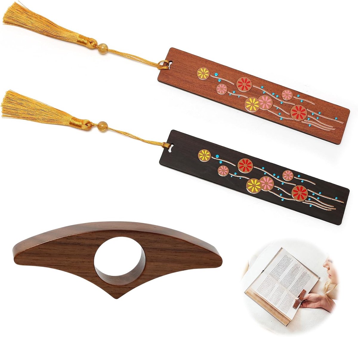 SnelShoppen - 2 Stuks Houten Boekenleggers en 1 Boekbladhouder, Perfect Cadeau voor Boekenliefhebbers, Lezers, Docenten & Studenten (Kleur B)